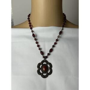 Vintage Beaded Chain with Red Jasper Pendant By VJ. Measures 19"